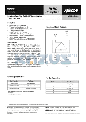 MAPDCC0010 datasheet - Low Cost Two-Way GMIC SMT Power Divier, 2200-2500 MHz