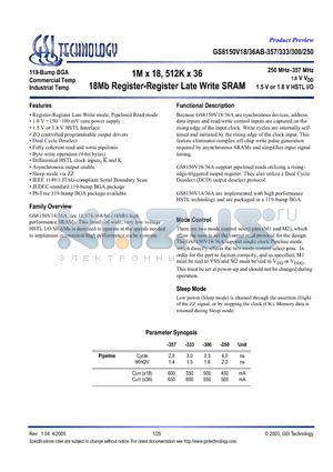 GS8150V36AGB-250I datasheet - 1M x 18, 512K x 36 18Mb Register-Register Late Write SRAM