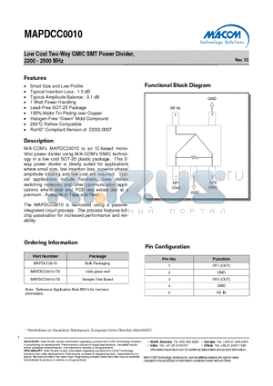 MAPDCC0010-TR datasheet - Low Cost Two-Way GMIC SMT Power Divider, 2200 - 2500 MHz