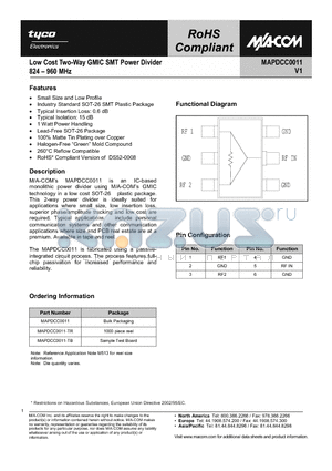 MAPDCC0011-TB datasheet - Low Cost Two-Way GMIC SMT Power Divider 824-960 MHz