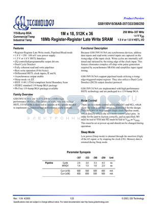 GS8150V36AB-357 datasheet - 1M x 18, 512K x 36 18Mb Register-Register Late Write SRAM