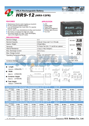 HR9-12 datasheet - VRLA Rechargeable Battery