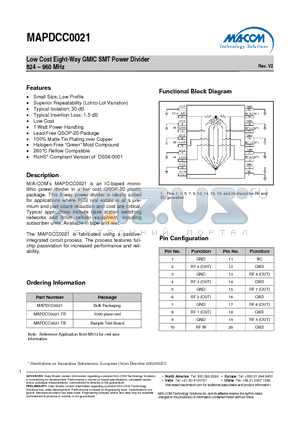 MAPDCC0021-TR datasheet - Low Cost Eight-Way GMIC SMT Power Divider 824 - 960 MHz