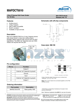 MAPDCT0010 datasheet - 2 Way 0j Reverse Path Power Divider 5 to 100 MHz