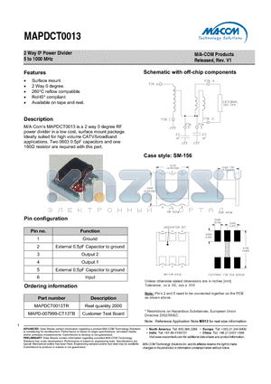 MAPDCT0013TR datasheet - 2 Way 0j Power Divider 5 to 1000 MHz