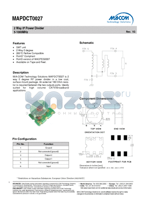 MAPDCT0027 datasheet - 2 Way Power Divider