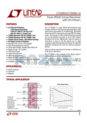 LT1039AIN datasheet - Triple RS232 Driver/Receiver with Shutdown