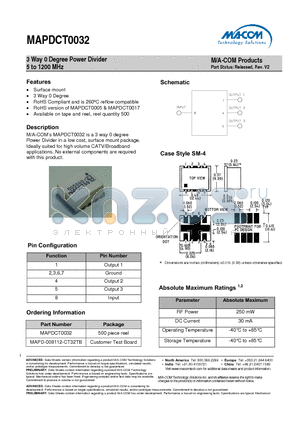 MAPDCT0032 datasheet - 3 Way 0 Degree Power Divider 5 to 1200 MHz
