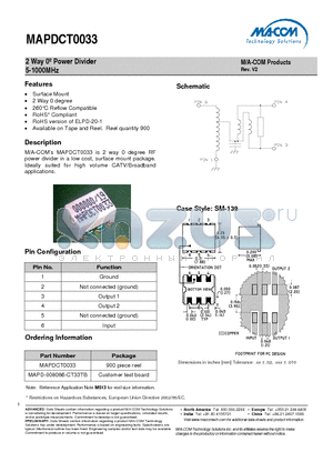 MAPDCT0033 datasheet - 2 Way 0j Power Divider 5-1000MHz