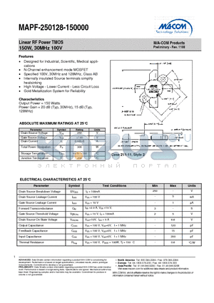 MAPF-250128-150000 datasheet - Linear RF Power TMOS 150W, 30MHz 100V