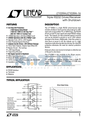 LT1039AISW16 datasheet - Triple RS232 Driver/Receiver with Shutdown