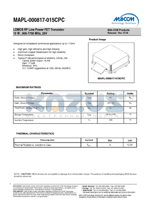 MAPL-000817-015CPC datasheet - LDMOS RF Line Power FET Transistor 15 W , 800-1700 MHz, 26V