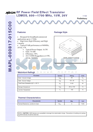 MAPL-000817-015C00 datasheet - RF Power Field Effect Transistor LDMOS, 800-1700 MHz, 15W, 26V