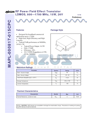 MAPL-000817-015CPC-072706 datasheet - RF Power Field Effect Transistor LDMOS, 800-1700 MHz, 15W, 26V