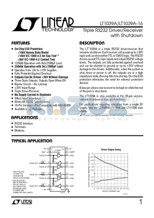 LT1039ACSW16 datasheet - Triple RS232 Driver/Receiver with Shutdown