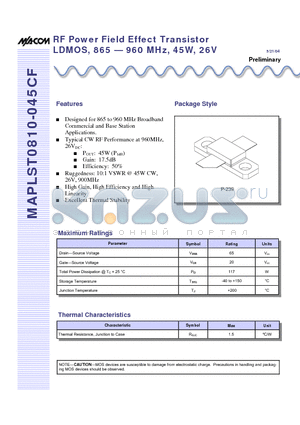 MAPLST0810-045CF datasheet - RF Power Field Effect Transistor LDMOS, 865 - 960 MHz, 45W, 26V