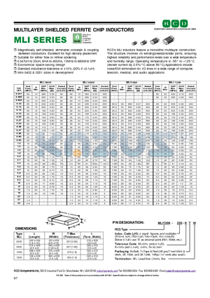 MLI0805-100-KBW datasheet - MULTILAYER SHIELDED FERRITE CHIP INDUCTORS