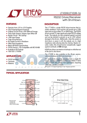 LT1039CN16 datasheet - RS232 Driver/Receiver with Shutdown