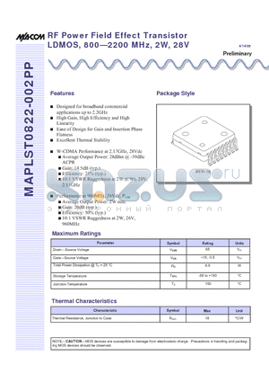 MAPLST0822-002PP datasheet - RF Power Field Effect Transistor LDMOS, 800-2200 MHz, 2W, 28V