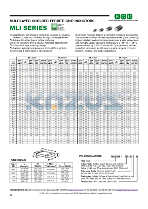 MLI0805-100-KTW datasheet - MULTILAYER SHIELDED FERRITE CHIP INDUCTORS