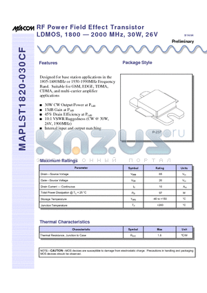 MAPLST1820-030CF datasheet - RF Power Field Effect Transistor LDMOS, 1800 - 2000 MHz, 30W, 26V
