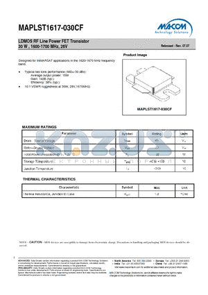 MAPLST1617-030CF datasheet - LDMOS RF Line Power FET Transistor 30 W , 1600-1700 MHz, 28V