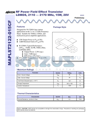 MAPLST2122-015CF datasheet - RF Power Field Effect Transistor LDMOS, 2110 - 2170 MHz, 15W, 28V
