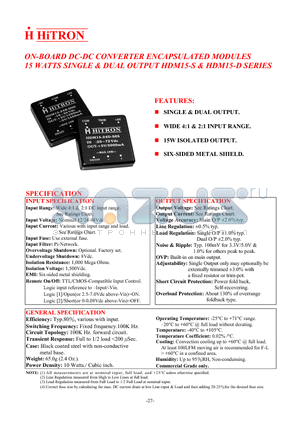 HDM15-24D-D12 datasheet - ON-BOARD DC-DC CONVERTER ENCAPSULATED MODULES 15WATTS SINGLE & DUAL OUTPUT