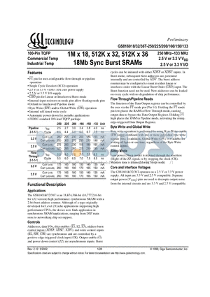 GS816032T-200 datasheet - 1M x 18, 512K x 32, 512K x 36 18Mb Sync Burst SRAMs