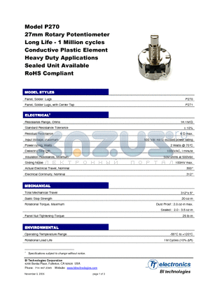 P270-DS11R100K datasheet - 27mm Rotary Potentiometer Long Life - 1 Million cycles Conductive Plastic Element Heavy Duty Applications Sealed Unit Available RoHS Compliant