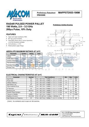MAPPST2933-190M datasheet - RADAR PULSED POWER PALLET 190 Watts, 2.9 - 3.3 GHz 200us Pulse, 10% Duty