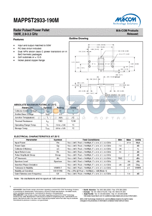 MAPPST2933-190M datasheet - Radar Pulsed Power Pallet 190W, 2.9-3.3 GHz