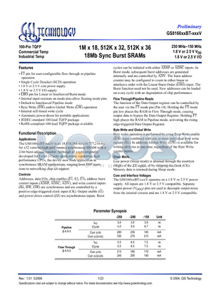 GS816036BGT-150IV datasheet - 1M x 18, 512K x 32, 512K x 36 18Mb Sync Burst SRAMs