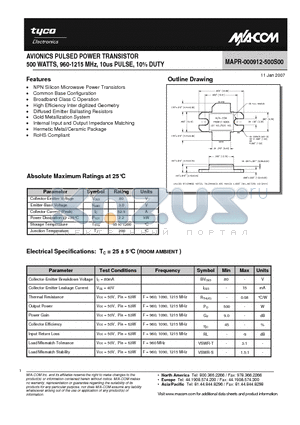 MAPR-000912-500S00 datasheet - AVIONICS PULSED POWER TRANSISTOR 500 WATTS, 960-1215 MHz, 10us PULSE, 10% DUTY