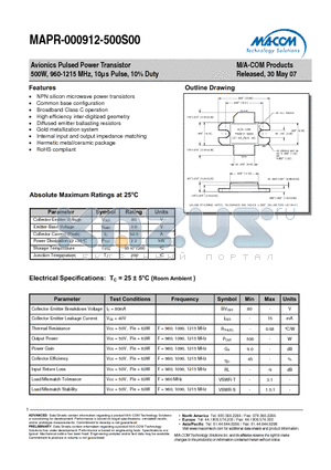 MAPR-000912-500S00 datasheet - Avionics Pulsed Power Transistor 500W, 960-1215 MHz, 10ls Pulse, 10% Duty