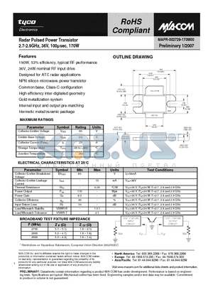 MAPR-002729-170M00 datasheet - Radar Pulsed Power Transistor 2.7-2.9GHz, 36V, 100lsec, 170W