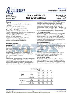 GS816036CGT-250T datasheet - 1M x 18 and 512K x 36 18Mb Sync Burst SRAMs