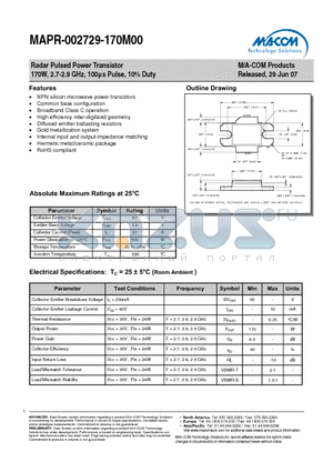 MAPR-002729-170M00 datasheet - Radar Pulsed Power Transistor 170W, 2.7-2.9 GHz, 100ls Pulse, 10% Duty