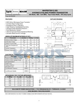MAPRST0912-350 datasheet - AVIONICS PULSED POWER TRANSISTOR
