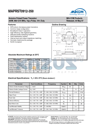 MAPRST0912-350 datasheet - Avionics Pulsed Power Transistor 350W, 960-1215 MHz, 10ls Pulse, 10% Duty