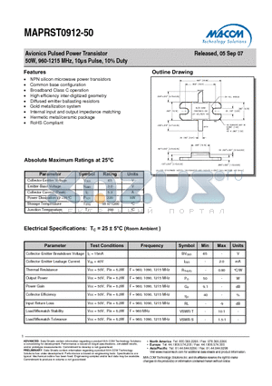 MAPRST0912-50 datasheet - Avionics Pulsed Power Transistor 50W, 960-1215 MHz, 10ls Pulse, 10% Duty