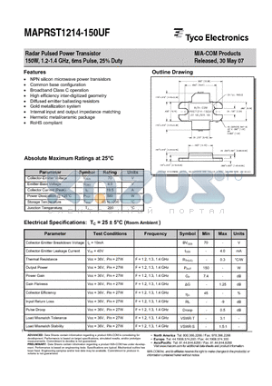 MAPRST1214-150UF datasheet - Radar Pulsed Power Transistor 150W, 1.2-1.4 GHz, 6ms Pulse, 25% Duty