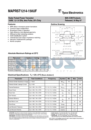 MAPRST1214-150UF_07 datasheet - Radar Pulsed Power Transistor 150W, 1.2-1.4 GHz, 6ms Pulse, 25% Duty