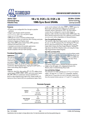 GS816036BT-150 datasheet - 1M x 18, 512K x 32, 512K x 36 18Mb Sync Burst SRAMs