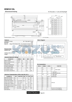 HDM16116L datasheet - 16 Character x 1 Line LED Backlight