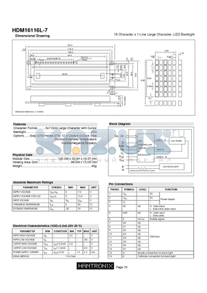HDM16116L-7 datasheet - 16 Character x 1 Line Large Character, LED Backlight