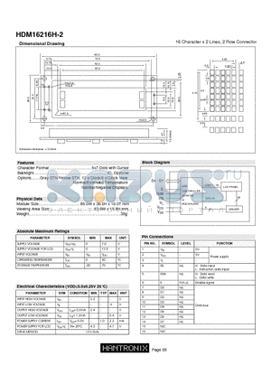 HDM16216H-2 datasheet - 16 Character x 2 Lines, 2 Row Connector