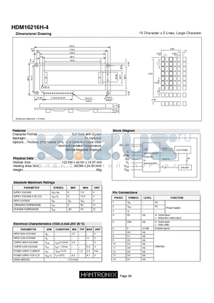 HDM16216H-4 datasheet - 16 Character x 2 Lines, Large Character
