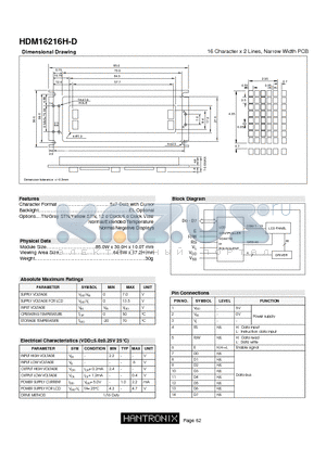 HDM16216H-D datasheet - 16 Character x 2 Lines, Narrow Width PCB