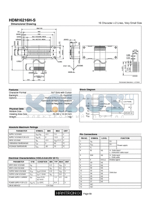 HDM16216H-S datasheet - 16 Character x 2 Lines, Very Small Size